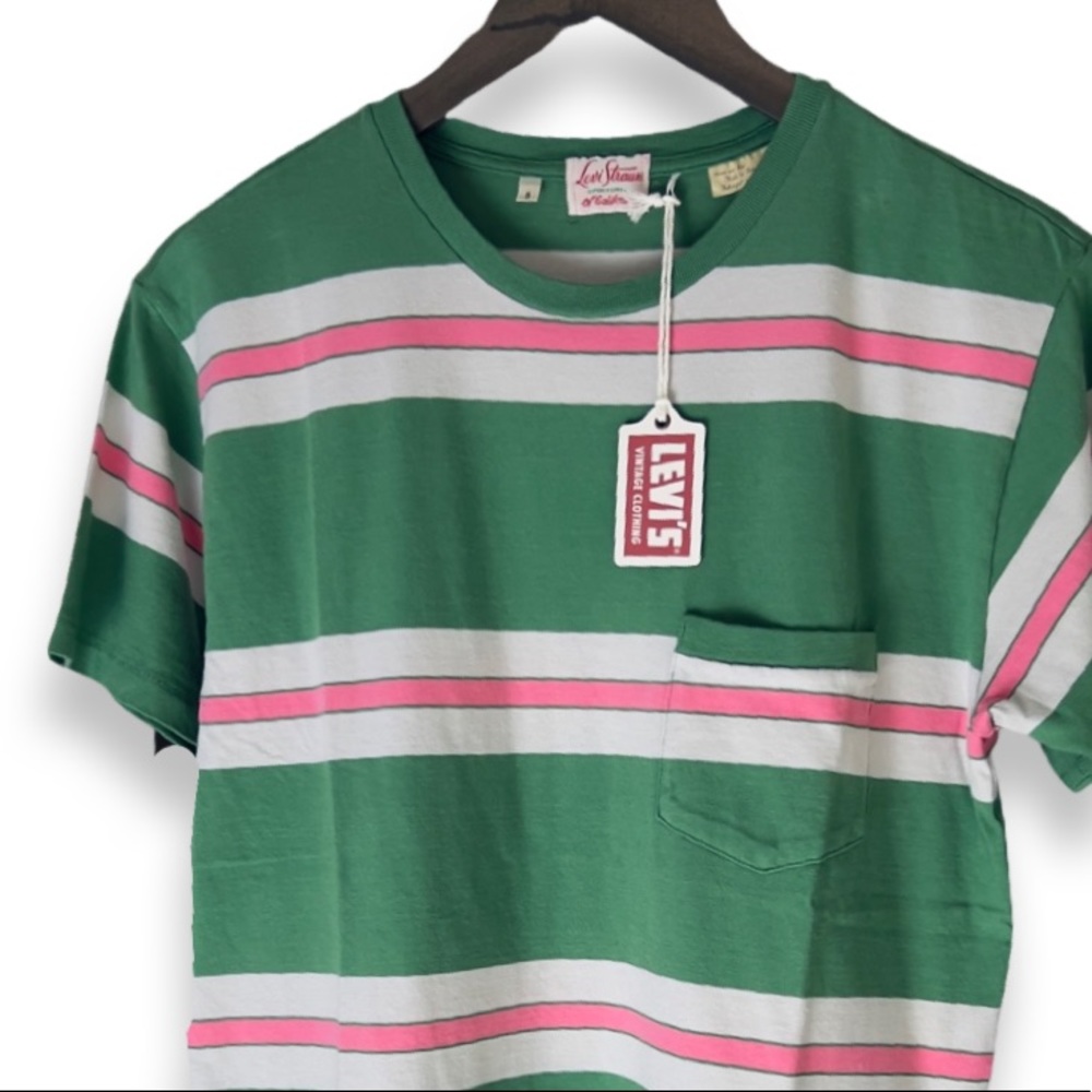 Levi’s Vintage Clothing 1940’s Split Hem Striped T-Shirt Pink/Green - Picture 11 of 16